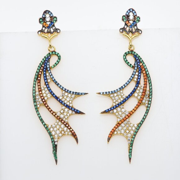 Color Dangle Earrings Sterling Silver Multi Color Stones Chandelier Dangling - Picture 1 of 8